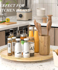 Extra Large 24 Inch Lazy Susan Turntable With Solid Oak Wood And Iron Rustic Farmhouse Style Rotating Tray on kitchen island.
