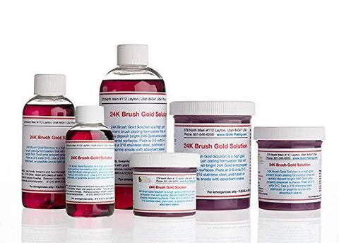 Assorted bottles of 24K Brush Gold Solution including a 2 Oz Gel 24K Brush Gold Plating Solution For Fast Durable Brilliance Real 24K Gold