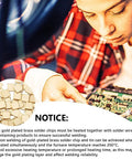 Person working on electronics with 24K gold plated chip solder 2x2mm, 0.3mm thick, 300 pcs solder chips flux for jewelry making and repair.