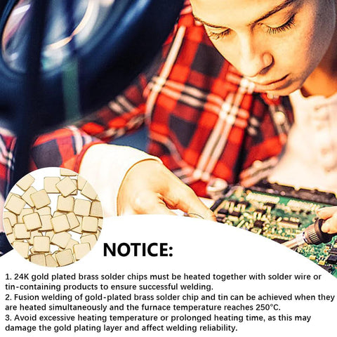Person working on electronics with 24K gold plated chip solder 2x2mm, 0.3mm thick, 300 pcs solder chips flux for jewelry making and repair.