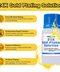 Bottle of Premium 24K Gold Plating Solution for Bath Immersion Plating and Jewelry Restorations with focus on high purity formula.