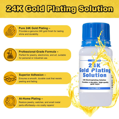 Bottle of Premium 24K Gold Plating Solution for Bath Immersion Plating and Jewelry Restorations with focus on high purity formula.