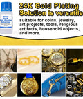 Image showing Premium 24K Gold Plating Solution for Bath Immersion Plating and Jewelry Restorations with 99.9% pure gold bottle and gold-finished items.