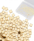 300 pcs of 24K Gold Plated Chip Solder 2x2mm, 0.3mm thick, in open box for jewelry making and repair, showing tiny precut squares.