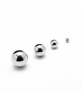Four shiny 24mm solid 304 stainless steel balls displayed in a line on a white surface, 5pcs pack, showing varied sizes and corrosion resistance.