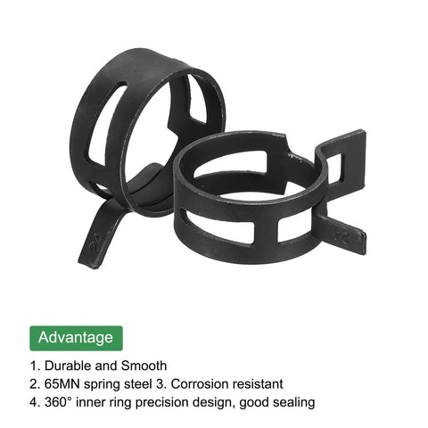 10 Pcs Fuel Line Clamps Spring Band Hose Clamps Half Inch 24mm Silicone Air Tube Vacuum Hose Water Pipe Low Pressure Assortment Kit Black For Automotive Marine And Industrial Use Durable Black Zinc Plated Finish For Corrosion Resistance And Long Life, close-up view of two black clamps showing material and design features.