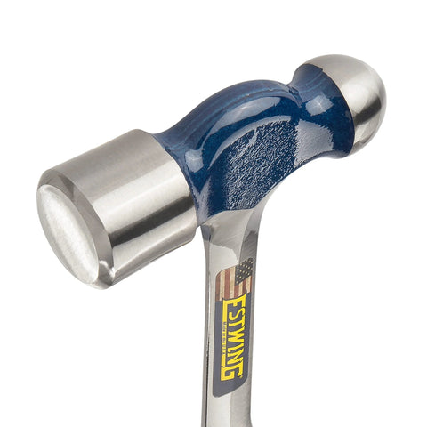 Ball Peen Hammer 24 Oz USA Made With Forged Steel Construction And Shock Reduction Grip, close-up of hammer head and handle.