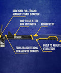 24 Oz Demolition Framing Hammer With Magnetic Nail Starter Delivers Powerful Nail Setting And Framing, Perfect For Drywall Demolition And Tough Pounding, Featuring Lower Vibration, A Streamlined Head And Shaft, And Rugged One Piece Steel Construction with labeled features.