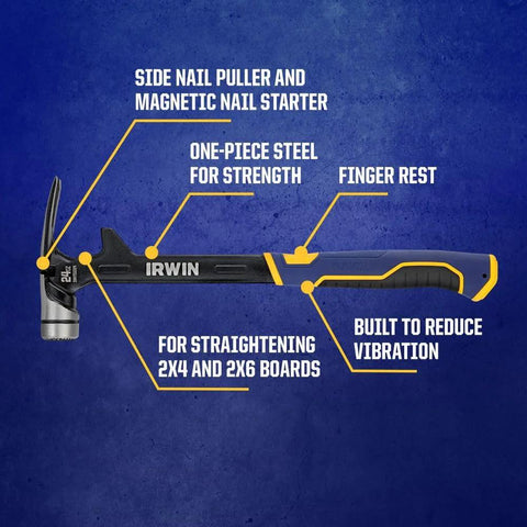 24 Oz Demolition Framing Hammer With Magnetic Nail Starter Delivers Powerful Nail Setting And Framing, Perfect For Drywall Demolition And Tough Pounding, Featuring Lower Vibration, A Streamlined Head And Shaft, And Rugged One Piece Steel Construction with labeled features.