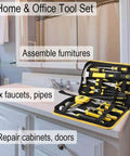 Open 24 Piece Homeowner Tool Set With Portable Tool Bag on bathroom counter, includes multiple ergonomic tools for home repairs.