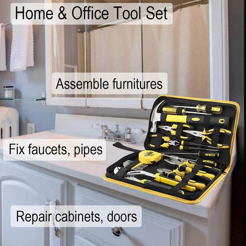 Open 24 Piece Homeowner Tool Set With Portable Tool Bag on bathroom counter, includes multiple ergonomic tools for home repairs.