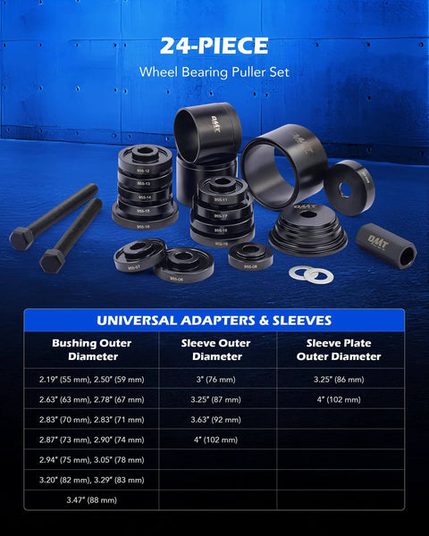 Wheel Bearing Press Kit for Front Wheel Drive Bearing Removal & Installation, 24pc Wheel Bearing Puller Tool Set with sizes chart