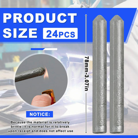 Image of 24 Pcs Low Temperature Universal Welding Rods Kit for Stainless Steel Iron Aluminum, showing two weld rods, ignition example.
