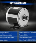 Side view of 24V DC 350W Brushed Permanent Magnet Electric Motor Generator with specifications in text overlay.