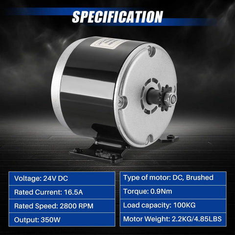 Side view of 24V DC 350W Brushed Permanent Magnet Electric Motor Generator with specifications in text overlay.