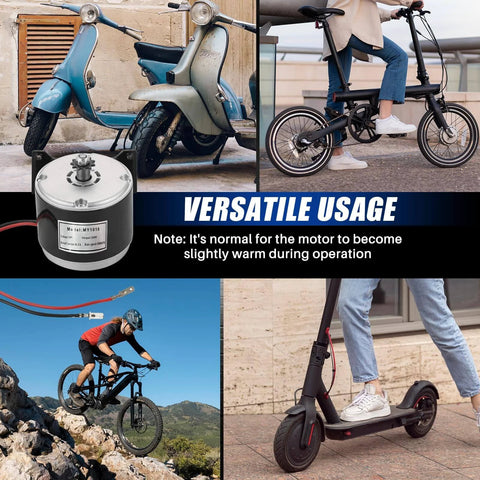 24V DC 350W Brushed Permanent Magnet Electric Motor Generator used in scooters, e-bikes, and wind turbines shown in action.