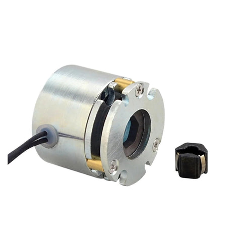 Compact 24V DC electromagnetic brake for NEMA 17 stepper motors, showing aluminum casing and wiring for safe load locking.