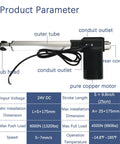 Beefy 24V DC Linear Actuator With 1320 Lbs Lift Capacity, 9.8 Inch Stroke, aluminum tube, technical parameters displayed