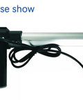 Beefy 24V DC Linear Actuator with 1320 lbs lift capacity, 9.8 inch stroke, aluminum alloy tube, side view with wires shown