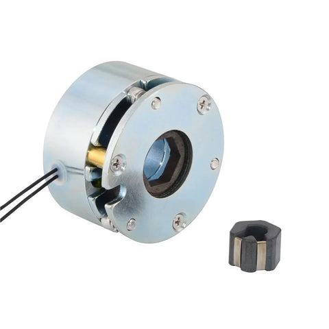 Efficient 24V electromagnetic brake delivers 2.0Nm torque for NEMA 23 and 24 stepper motors with 11.5W brake power shown in silver.