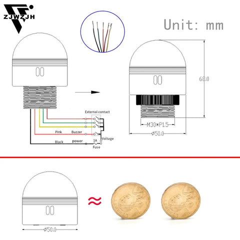 24V LED Industrial Warning Light Tower Beacon with Red Yellow Green LEDs, 30mm mount dimensions and wiring diagram displayed.