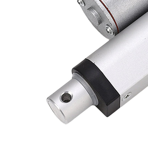 Close-up of 24V DC Linear Actuator With 50mm Stroke 750N Lift IP65 aluminum housing, white finish, showing connection point.