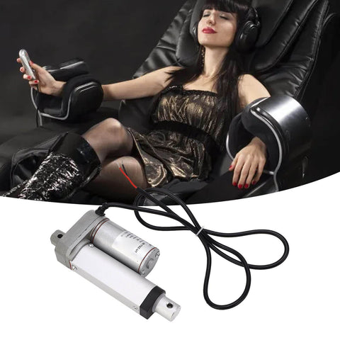 24V DC Linear Actuator With 50mm Stroke 750N Lift IP65 Aluminum Housing shown with woman reclining in chair