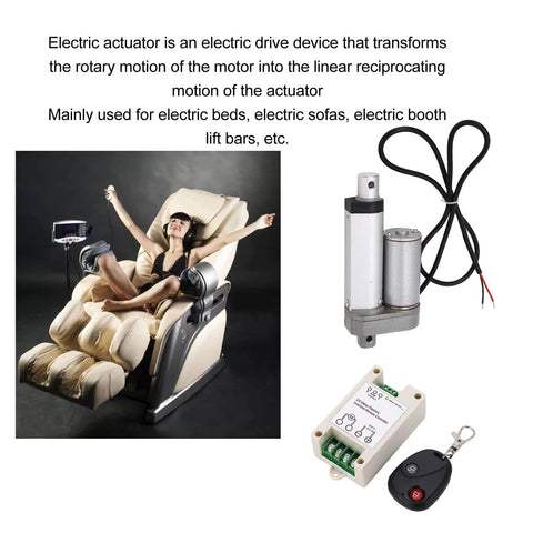 24V DC Linear Actuator With 50mm Stroke 750N Lift IP65 Aluminum Housing Quiet Motor, shown with controller and remote, for electric chairs.