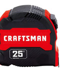 Side view of the 25-Ft Tape Measure with Fraction Marketing, Retractable, Manual-Locking Blade (CMHT37443S) in black and red