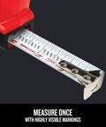 Close-up of the 25-Ft Tape Measure with Fraction Markings, Retractable, Self-Locking Blade (CMHT37225) extended blade.
