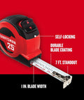 25-Ft Tape Measure with Fraction Markings, Retractable, Self-Locking Blade (CMHT37225) shown with extended blade and features.