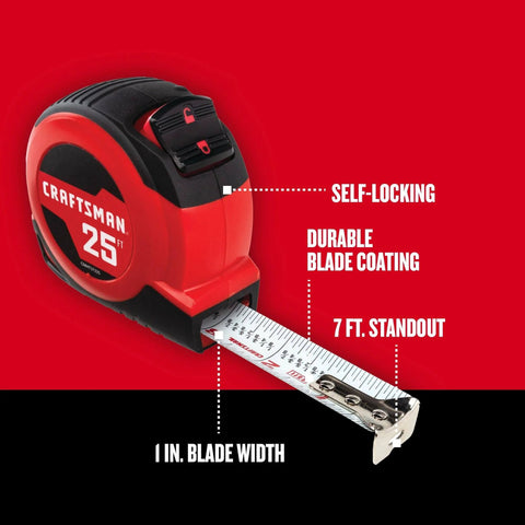 25-Ft Tape Measure with Fraction Markings, Retractable, Self-Locking Blade (CMHT37225) shown with extended blade and features.