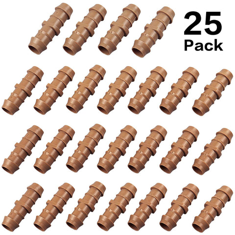 25 Pack 1/2 Inch Drip Irrigation Barbed Couplings For 0.600 Inch ID Tubing, 17mm Quick Connect Fittings, 52.6mm Length, Durable Plastic