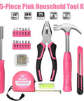 25 Piece Pink Tool Set for Women Portable DIY Home Repair Kit with Beginner Friendly Tools including hammer and pliers