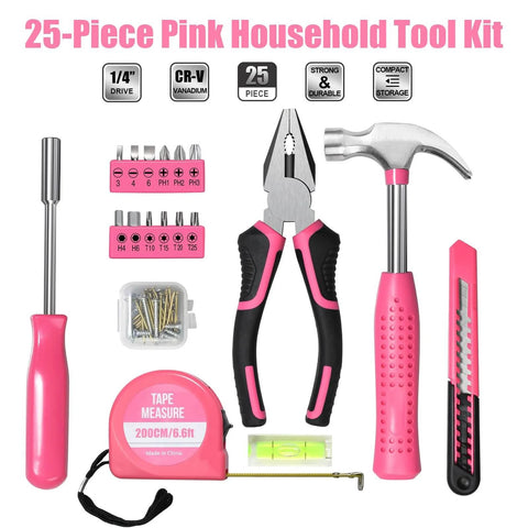 25 Piece Pink Tool Set for Women Portable DIY Home Repair Kit with Beginner Friendly Tools including hammer and pliers