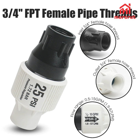 25 PSI Pressure Regulator For Drip Irrigation And Sprinkler Systems With Three Quarters Inch FPT Female Threads Low Flow Garden
