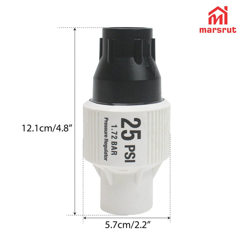 25 PSI Pressure Regulator For Drip Irrigation And Sprinkler Systems With Three Quarters Inch FPT Female Threads, front view with dimensions