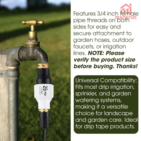 25 PSI Pressure Regulator For Drip Irrigation And Sprinkler Systems With Three Quarters Inch FPT Female Threads installed on faucet