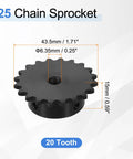 2 Pack 25 Roller Chain Sprocket For ISO 04C Chain, 20 Tooth, 6.35mm Bore, C45 Carbon Steel, Black Oxide Finish