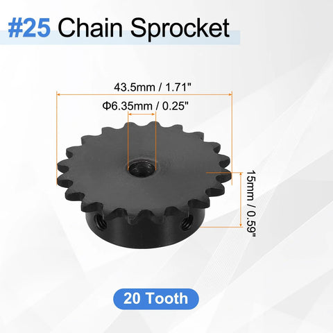 2 Pack 25 Roller Chain Sprocket For ISO 04C Chain, 20 Tooth, 6.35mm Bore, C45 Carbon Steel, Black Oxide Finish