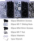 250 Pcs M5 T Nuts and Screws Assortment Kit for 2020 Series Aluminum Extrusion with Black Finish, includes screws and wrench.