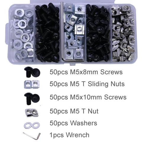 250 Pcs M5 T Nuts and Screws Assortment Kit for 2020 Series Aluminum Extrusion with Black Finish, includes screws and wrench.