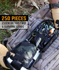 Open 250 Piece Go To Survival IFAK First Aid Kit With Molle Pouch For Camping Hiking Boating And Emergency Preparedness EMT Ready Trauma Bag showing contents.
