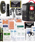 250 Piece Go To Survival IFAK First Aid Kit With Molle Pouch, camo bag with emergency items for camping, hiking, and emergencies.