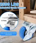 4 Inch Heavy Duty Casters with smooth rolling PU wheels and brakes under wooden table, industrial grade design for 2500 lbs total