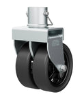 2,500 Lbs Dual 6 Inch Trailer Jack Swivel Caster With Upgraded Spoked Wheels And Reinforced Bracket Fits 2 Inch Jack Tubes For Heavy Duty Trailers And Boats Providing Stable Lifting And Easy Installation Silver showing dual wheels and bracket.