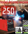 Ultra Portable 110V ARC Welder Stick Machine with 250Amp display, man welding metal, includes welding rods