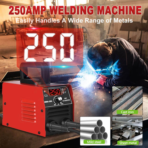 Ultra Portable 110V ARC Welder Stick Machine with 250Amp display, man welding metal, includes welding rods