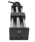 Front view of 250mm Effective Travel Dual Optical Axis Manual Sliding Table with SFU1605 Ball Screw and Linear Rail Guide, black metal