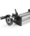 Close-up of 250mm Effective Travel Dual Optical Axis Manual Sliding Table with SFU1605 Ball Screw, Linear Rail Guide and Handwheel.